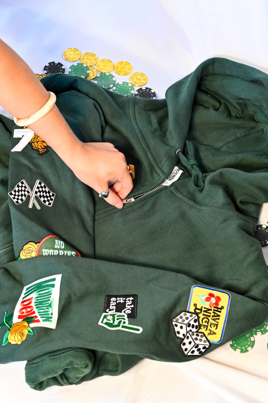 lucky charm patched full zip hoodie