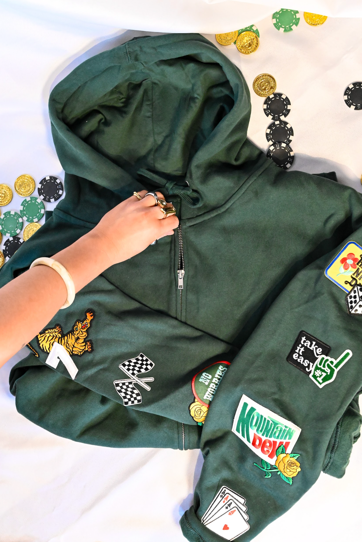 lucky charm patched full zip hoodie