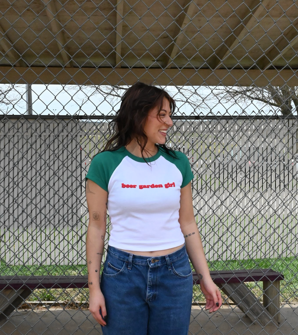 beer garden girl baby tee - green